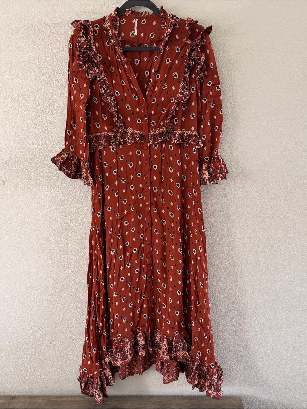 Free People Calico Skies Midi Prairie Dress Red Burnt Orange Floral Size Small